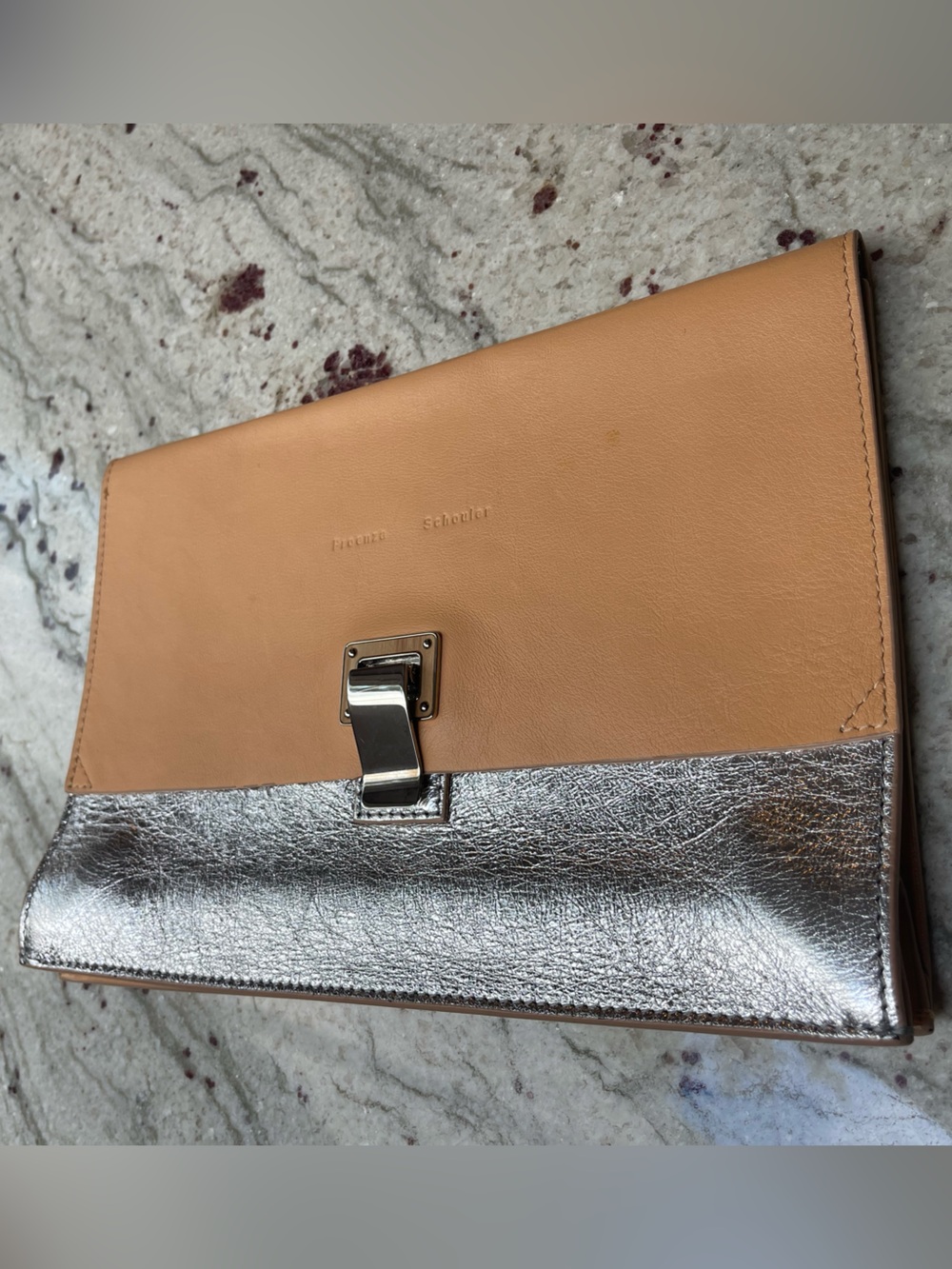 Proenza Schouler Tan Silver Lunch Bag Leather Flap Clutch Dressy Neiman Marcus